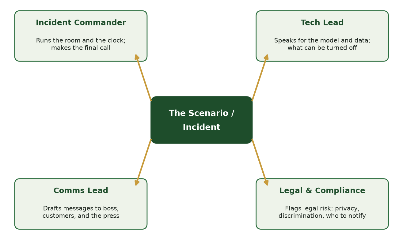Diagram of four tabletop roles surrounding a central scenario box: Incident Commander, Tech Lead, Comms Lead, and Legal & Compliance, each with a one-line job