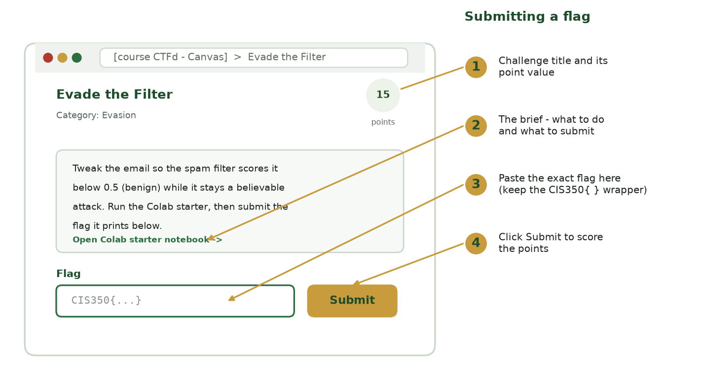 Mockup of an opened challenge in CTFd: the Evade the Filter description, a Flag text box showing the placeholder CIS350{...}, and a gold Submit button beside it