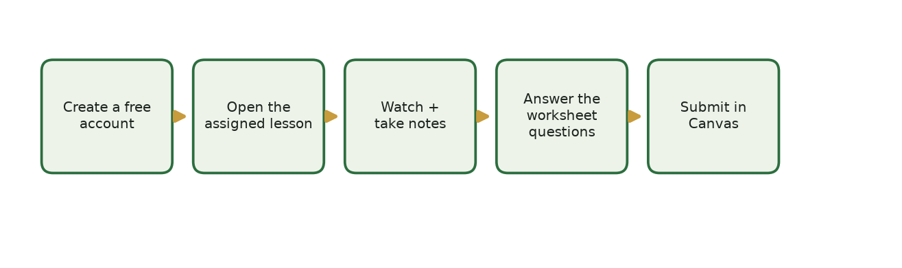 Illustration of the five-step Hacker101 activity workflow as connected boxes: Create a free account, then Open the assigned lesson, then Watch and take notes, then Answer the worksheet questions, then Submit in Canvas